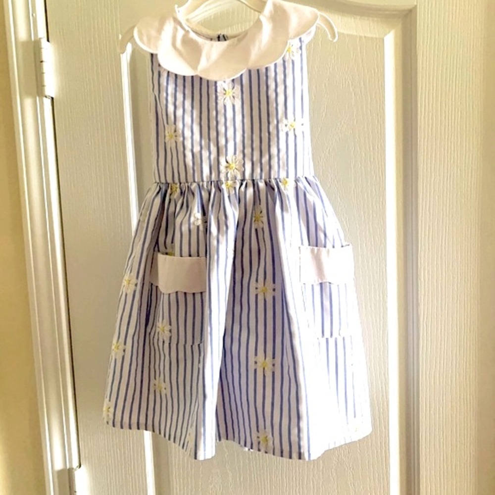 Rare Editions Blue & White Striped Dress With Embroidered Daisies - Picture 8 of 12